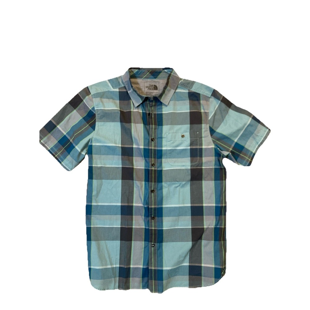 The North Face Mens Size L Button Down Shirt Short Sleeve Green Plaid Spring